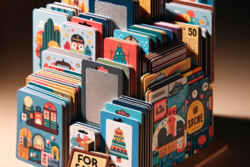 Stack of various gift cards with a 'For Sale' sign"