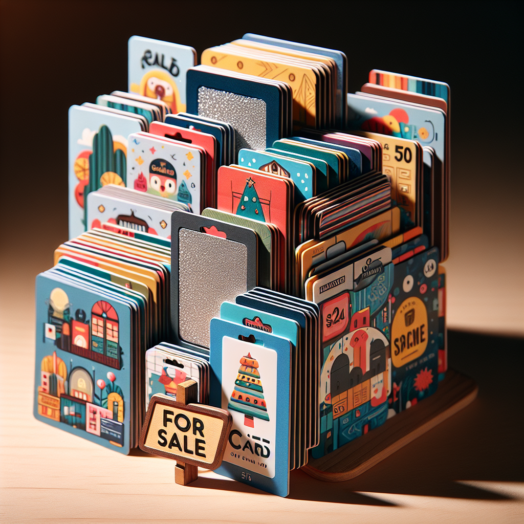 Stack of various gift cards with a 'For Sale' sign"