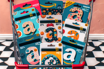 Various Amazon gift cards with discount tags and a shopping cart