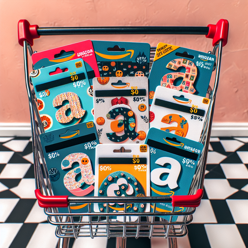 Various Amazon gift cards with discount tags and a shopping cart