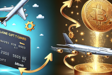 Illustration showing the conversion process from a Delta Airlines gift card to Bitcoin