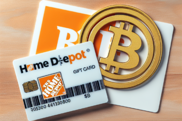 Home Depot gift card next to a Bitcoin logo