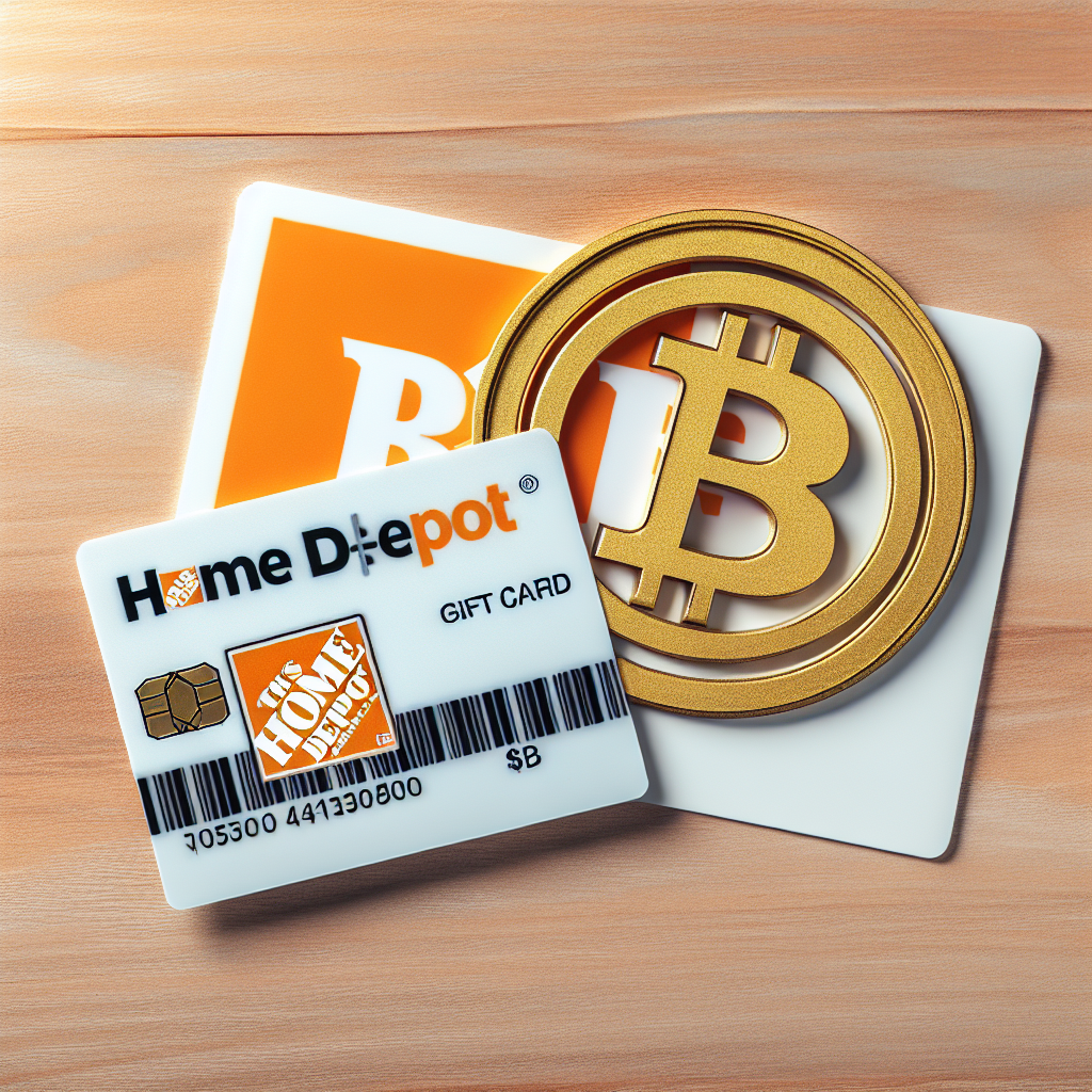 Home Depot gift card next to a Bitcoin logo